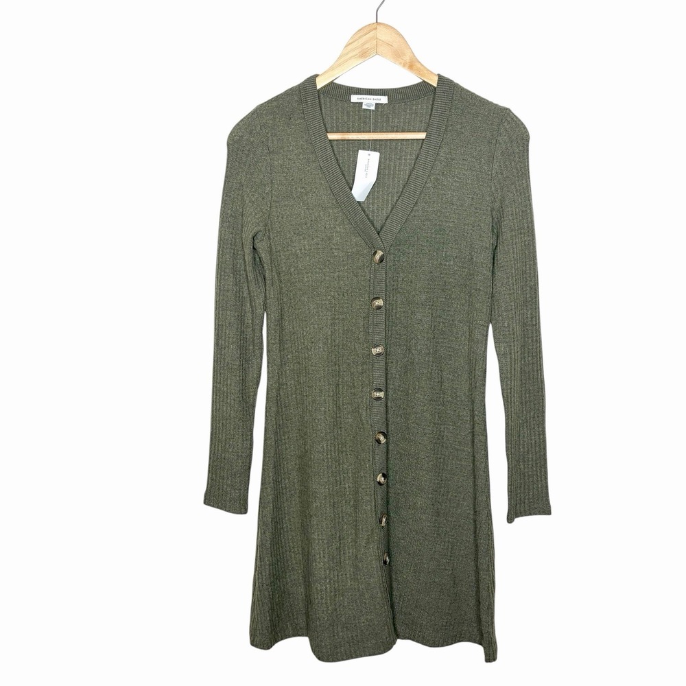 American Eagle Thermal Waffle Knit Dress Green Womens Sz Small Button Up Earthy